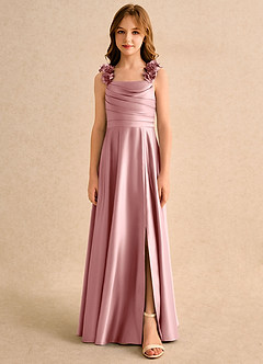 Azazie Rosita Girls Formal vestidos de niña de las flores Vestido Rosa Polvorienta de Satin Mate de Corte en A con Plisado image3