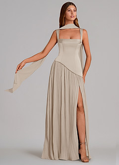 Azazie Stephanie 신부 들러리 드레스 A라인 주름진 스트레치 새틴 바닥 길이 드레스 image1