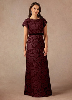 Azazie Lehi vestidos de madre de la novia Vestido de Cabernet de Devorado Floral de Corte En A con Cuello de barco image3
