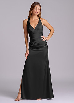 Azazie Amelie Abiti da Damigella Abito A-Line in Raso Elasticizzato Plissettato Nero image5