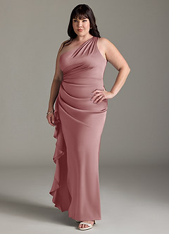 Azazie Latrice Robes de demoiselle d'honneur Robe Fourreau en Satin extensible Volants en cascade à une épaule Rose Poussiéreuse image8