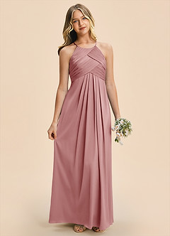 Azazie Ginny Junior Vestido Rosa Polvorienta de Satén Elástico de Corte en A con Plisado image4