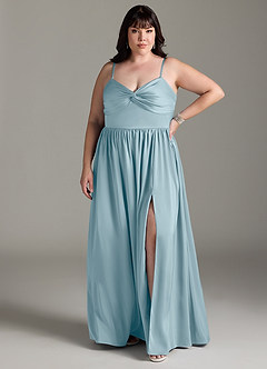 Azazie Zeya Robes de demoiselle d'honneur Robe Trapèze en Satin extensible Plissée Bleu Maussade image9