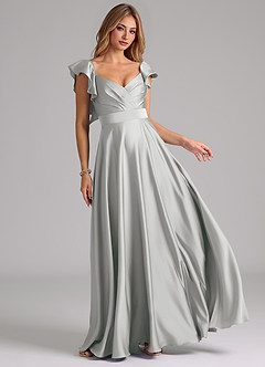 Azazie Leilani Bridesmaid Dresses Silver A-Line Ruched Stretch Satin Dress image1