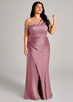 Azazie Madelyn Robes de demoiselle d'honneur Robe Sirène Convertible en Satin extensible Une épaule Mauve Vintage image12