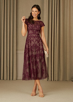 Azazie Sanna Kleider für die Brautmutter A-Linie Schaufel Spitze Tüll Kleid Dunkelweinrot Champagner image1