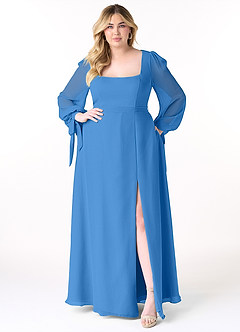 Azazie Leonia Bridesmaid Dresses Blue Jay A-Line Long Sleeve Chiffon Dress image11