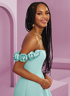 Barbie ♥ Azazie Brautjungfernkleider Wandelbar A-Linie Schulterfrei Chiffon Kleid Aqua image10