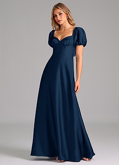 Azazie Fatima Bridesmaid Dresses Dark Navy A-Line Pleated Stretch Satin Dress image4
