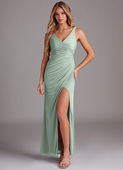 Azazie Leandra Bridesmaid Dresses Agave Mermaid V-Neck Pleated Mesh Dress image1