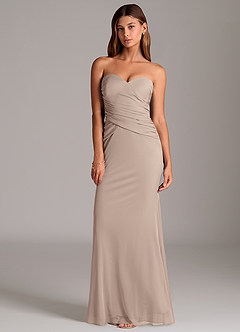 Azazie Katelyn Jurken voor bruidsmeisjes Converteerbaar Jurk van Mesh met Kolom Strapless Taupe image6