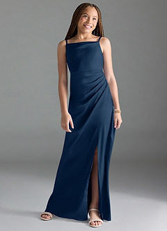 Azazie Leonis Junior Dark Navy A-Line Pleated Stretch Satin Dress image1