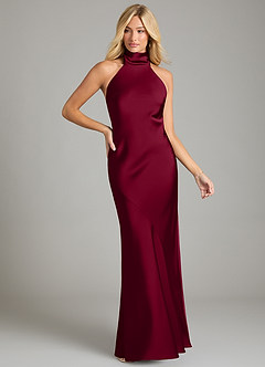 Azazie Velli Bridesmaid Dresses Burgundy Mermaid High Neck Stretch Satin Dress image3