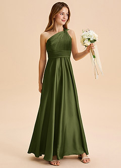 Azazie Charlize Junior Robe Trapèze en Satin extensible Plissée Olive image3