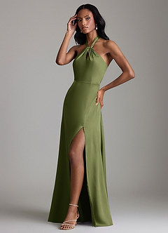 Azazie Tracie Vestidos de damas de honor Vestido de Oliva de Satén Elástico de Corte en A con Corte Lateral image4