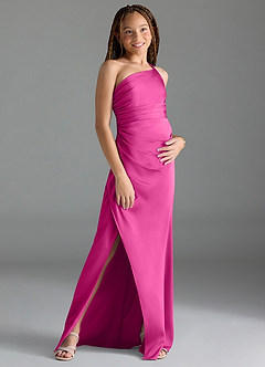Azazie Eren Junior Vestido de Fucsia de Satén Elástico de Recto con Plisado image3