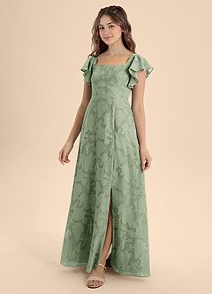 Azazie Bondi Junior A-Linie Schleifen Blumen-Burnout Kleid Staubiger Salbeigrün image1