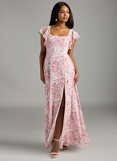 Azazie Bondi Bridesmaid Dresses Abstract Watercolor Floral A-Line Ruffled Chiffon Dress image4