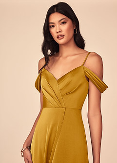 Azazie Ocean Bridesmaid Dresses Butterscotch A-Line V-Neck Pleated Stretch Satin Dress image4