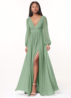 Azazie Norah Robes de demoiselle d'honneur Robe Trapèze en Mousseline de soie Col en V, manches longues Matcha image1
