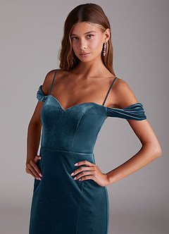 Azazie Shay Bridesmaid Dresses Blue Topaz Sheath Off the Shoulder Velvet Convertible Dress image2