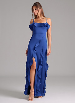 Azazie Malia Bridesmaid Dresses Royal Blue A-Line Side Slit Stretch Satin Dress image1