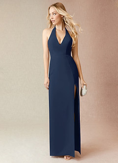 Azazie Yessi Robes de demoiselle d'honneur Robe Fourreau en Mousseline de soie Plissée Bleu Marine Foncé image1