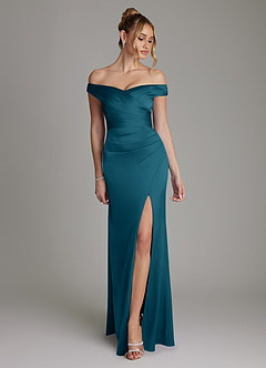 Azazie Teyana Bridesmaid Dresses Ink Blue Sheath Off the Shoulder Stretch Satin Dress image1