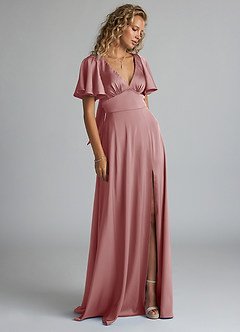 Azazie Kimber Robes de demoiselle d'honneur Robe Trapèze en Satin extensible Rayé Rose Poussiéreuse image4