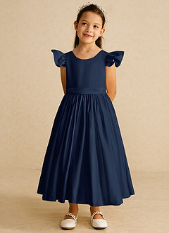 Azazie Violeta vestidos de niña de las flores Vestido de Azul Marino Oscuro de Satin Mate de Princesa con Lazo image6