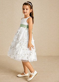 Azazie Pollie Flower Girl Dresses Ivory Dusty Sage A-Line Bow Tulle Dress image5