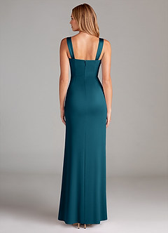 Azazie Denice Bridesmaid Dresses Ink Blue Sheath Pleated Stretch Satin Dress image2