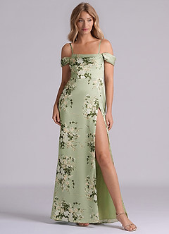 Azazie Saige Bridesmaid Dresses Floral Vines Sheath Off the Shoulder Stretch Satin Dress image7