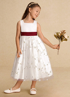Azazie Pollie Flower Girl Dresses Ivory Burgundy A-Line Bow Tulle Dress image4