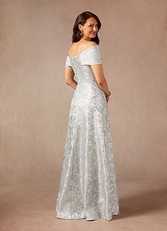 Azazie Amelia Vestidos para mãe da noiva Vestir Azul Empoeirado de Jacquard de Linha A com Fora do ombro image2