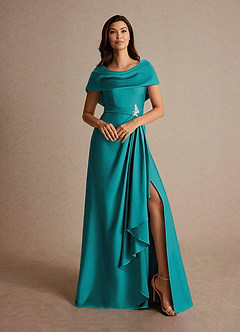 Azazie Branford Mother of the Bride Dresses Teal A-Line Pleated Stretch Satin Dress image7