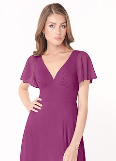 Azazie Kimber Bridesmaid Dresses Orchid A-Line Flounce Sleeve Chiffon Dress image10