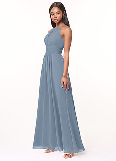 Azazie Bonnie Bridesmaid Dresses Dusty Blue A-Line Keyhole Ruched Chiffon Dress image3