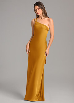 Azazie Monroe Bridesmaid Dresses Butterscotch Mermaid One Shoulder Stretch Satin Dress image3