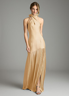 Azazie Nayeli Jurken voor bruidsmeisjes Jurk van Stretch Satijn met A-Lijn Geplooid Goud image1