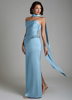 Azazie Harlow Vestidos de damas de honor Vestido Azul Acero de Satén Elástico de Corte Recto con Corsé image8