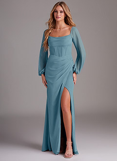 Azazie Charissa Bridesmaid Dresses Moody Blue Sheath Long Sleeve Chiffon Dress image1