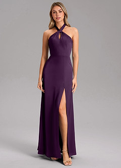 Azazie Tracie Bridesmaid Dresses Grape A-Line Side Slit Stretch Satin Dress image5