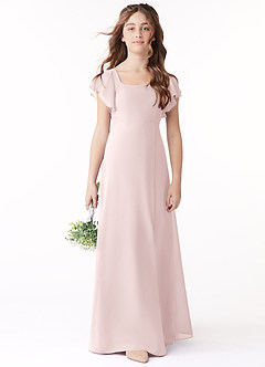 Azazie Bondi Junior Blushing Pink A-Line Bow Chiffon Dress image2
