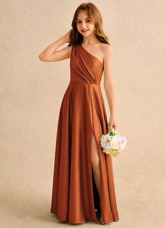 Azazie Puddles Girls Formal Robe Demoiselle D'honneur Fillette Robe Trapèze en Satin extensible Une épaule Cannelle image3