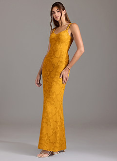 Azazie Denice Bridesmaid Dresses Butterscotch A-Line Pleated Floral Burnout Dress image3