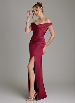 Azazie Teyana Bridesmaid Dresses Burgundy Sheath Off the Shoulder Stretch Satin Dress image5