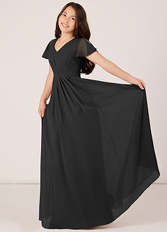 Azazie Peony Junior Black A-Line Pleated Chiffon Dress image4