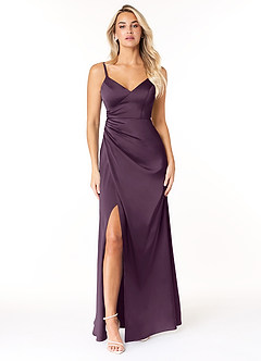 Azazie Marchella Bridesmaid Dresses Plum A-Line Corset Stretch Satin Dress image1