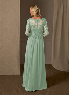 Azazie Hayek At-home Try On Dresses Agave A-Line V-Neck Lace Chiffon Dress image2